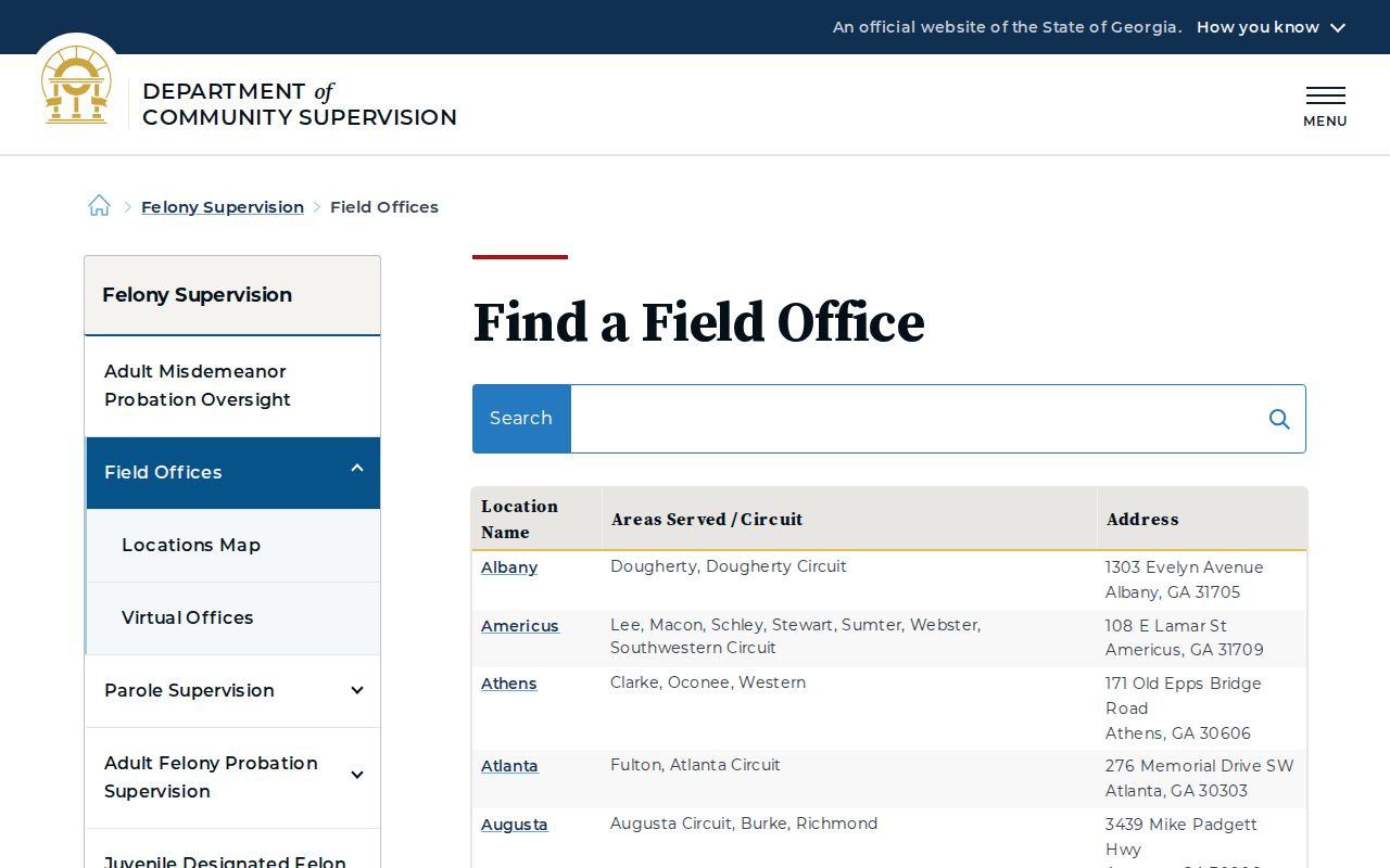 Georgia Department of Community Supervision field office directory