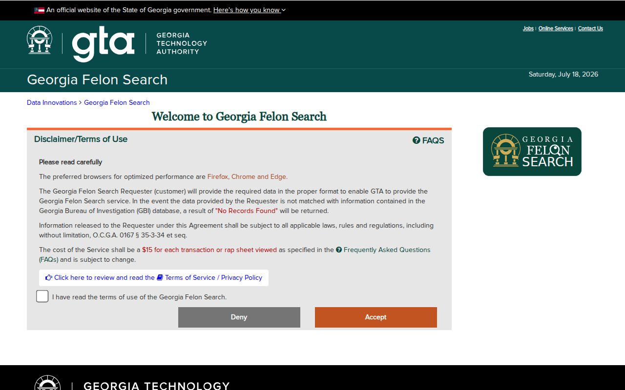 Georgia Felon Search state service page