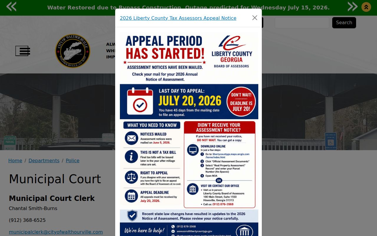 Official Walthourville Municipal Court contact and notice page